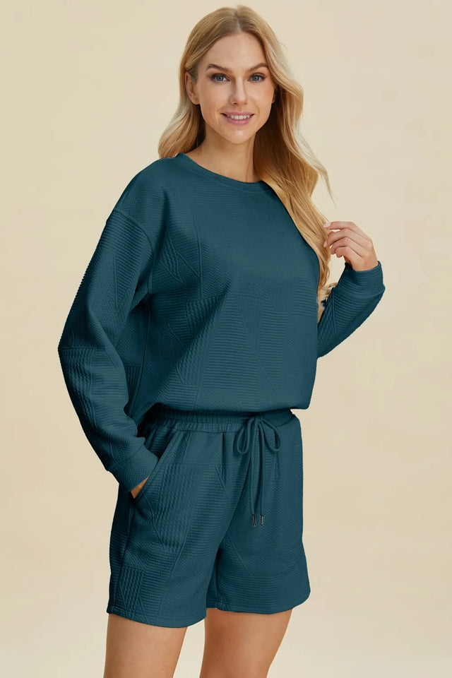 Double Take Full Size Texture Round Neck Long Sleeve Top And Shorts Set