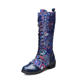 Flowers Print Long Boots WInter Retro Ethnic Style Shoes Lace-up Heeled Boots Women