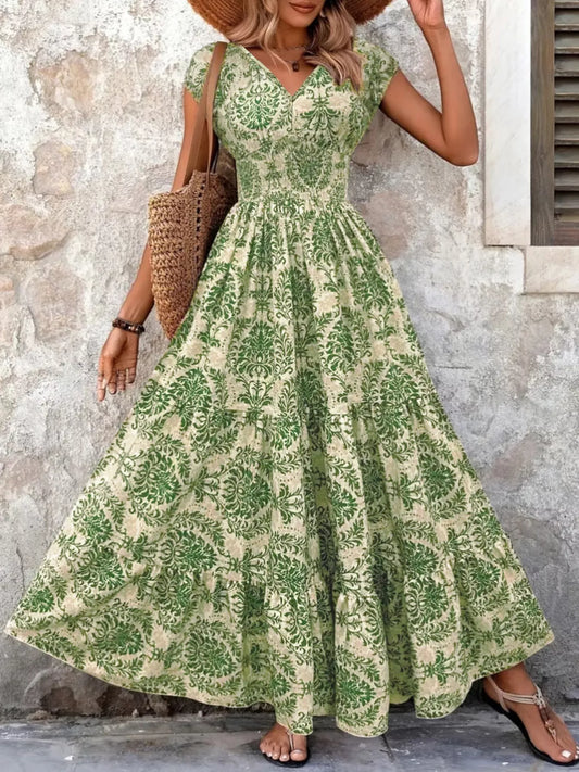 Shop Full Size Printed V-Neck Tiered Maxi Dress Plus Size - Women's Fashion | Akatonbo
