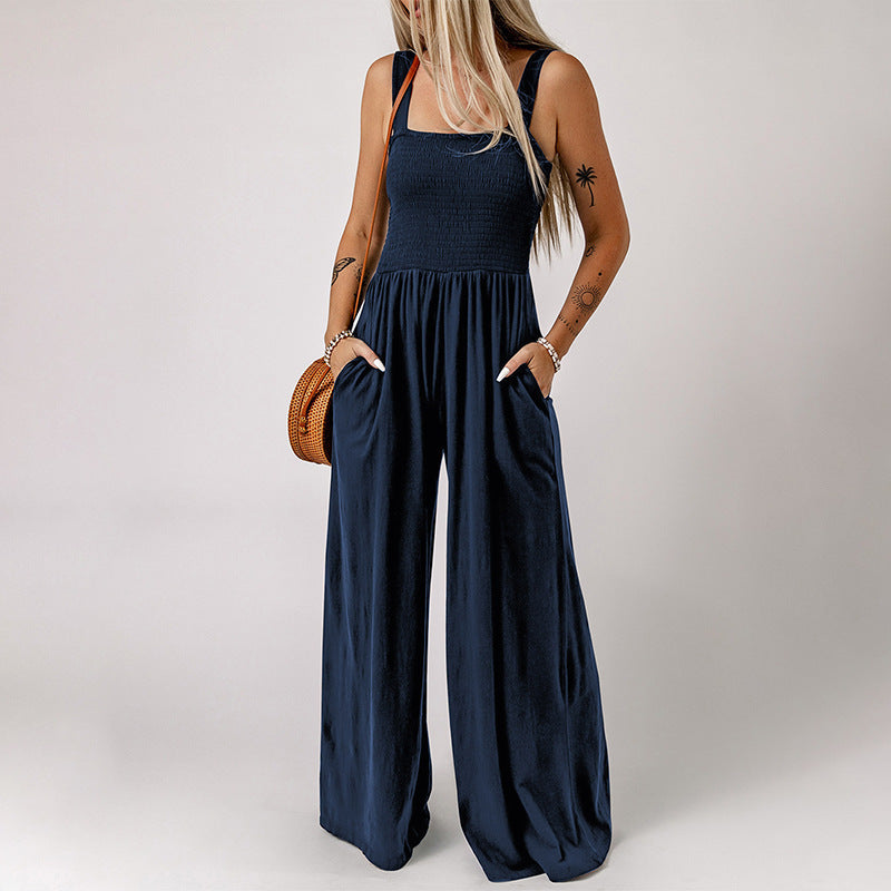 High Waist Jumpsuit Women's Backless Pleated Design Wide Leg Trousers