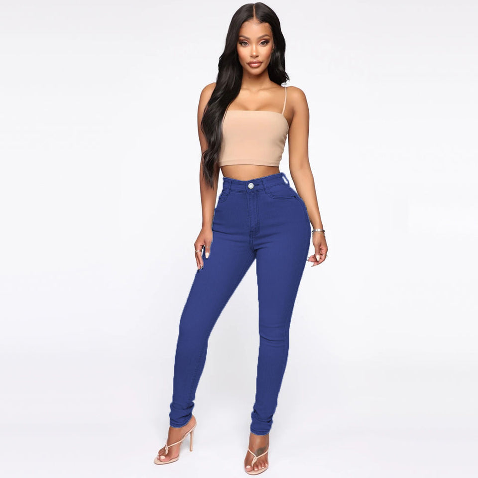 Fitted Jeans Pants For Women High Waist Trousers With Pockets