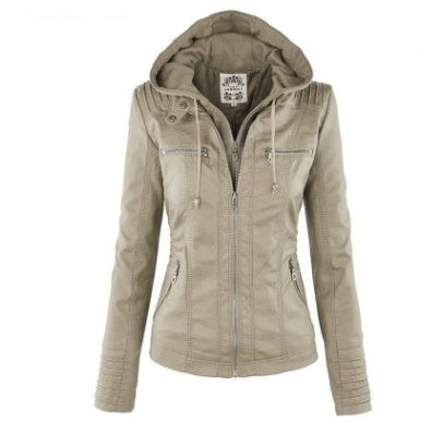 Veste à capuche amovible avec poches, coupe décontractée, couleur unie, fermeture éclair, manches longues, en cuir, automne hiver, vêtements pour femmes