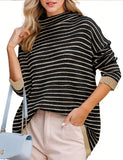 Hoteel Oversized Sweaters For Women Long Sleeve Striped Pullover Sweater Fall Turtleneck Knit Tunic Jumper Tops