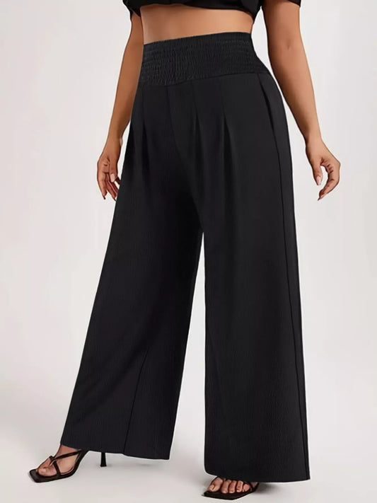 Shop Plus Size High Waist Wide Leg Smocked Waist Pants - Women's Fashion | Akatonbo