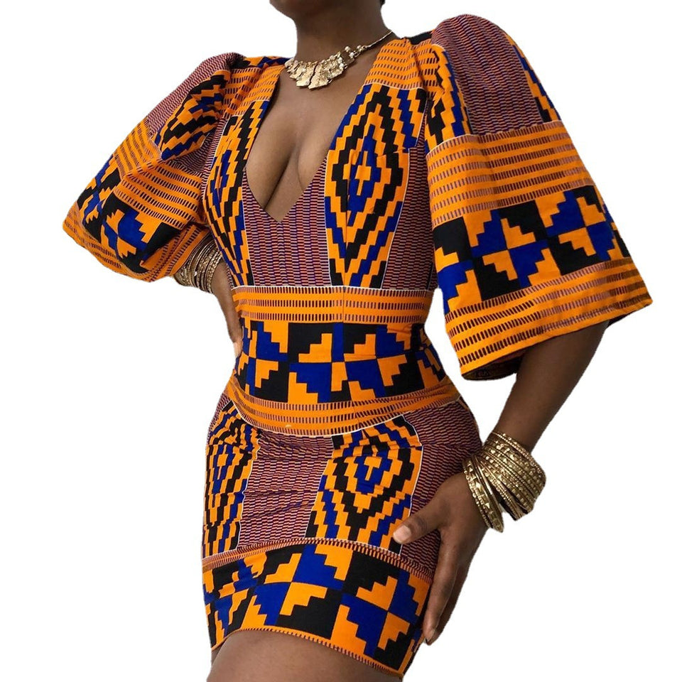 Digital Printing Women's Deep V-neck Flared Sleeve Hip Fit And Slim Skirt