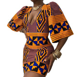 Digital Printing Women's Deep V-neck Flared Sleeve Hip Fit And Slim Skirt