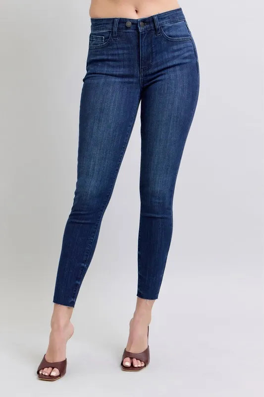 Shop Judy Blue Full Size Mid Rise Skinny Jeans with Raw Hem Plus Size - Women's Fashion | Akatonbo