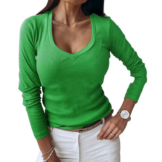Akatonbo Women'S V-Neck Ribbed Long-Sleeved Shirt