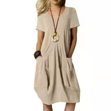 Women's Dress With Pockets Cotton Linen Solid Color Loose Round Neck Short Sleeve Dress Summer
