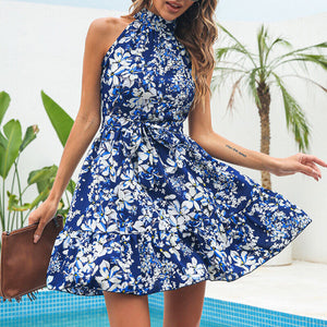 New Flowers Print Halter Dress Summer Fashion Temperament Lace-up Ruffled Dress