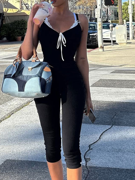 Shop Lace Trim Tie-Front Capri Jumpsuit - Women's Fashion | Akatonbo