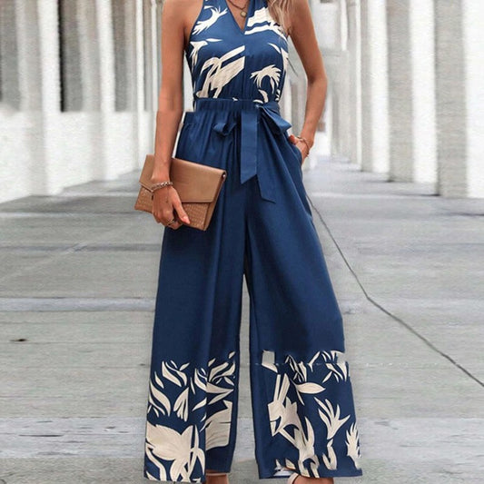 Akatonbo Printing Series Belt Halter Backless Jumpsuit For Women