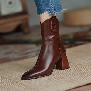 Women Boots Ankle Sock Boots High Heels Square Pointed Toe Leather