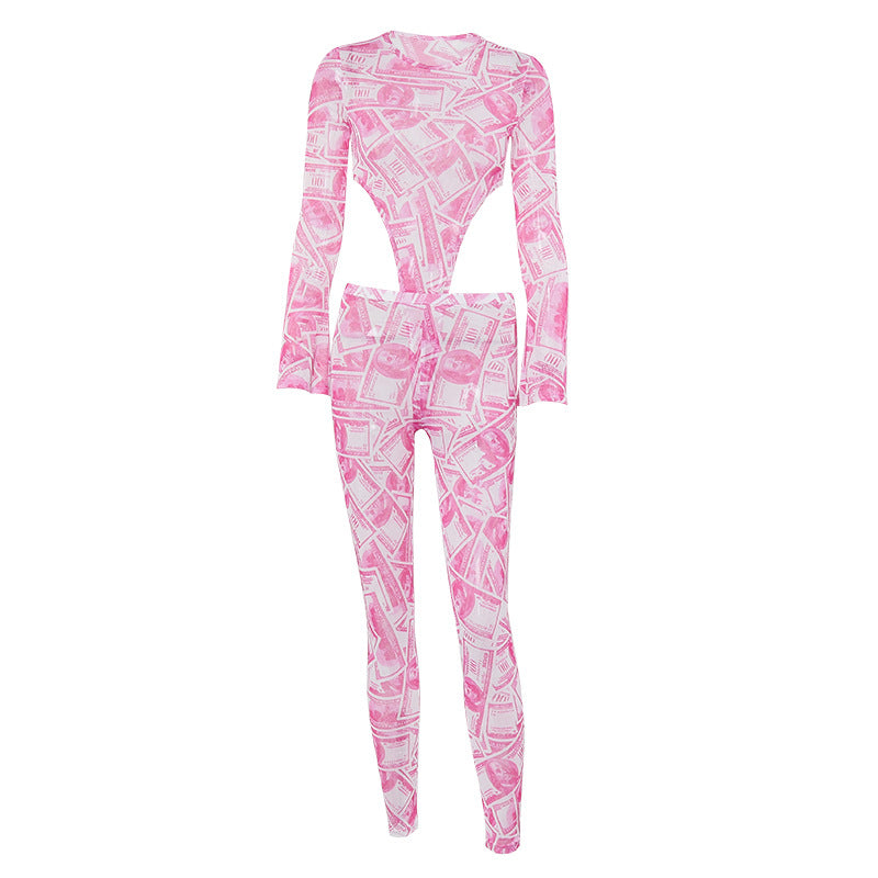 Akatonbo Mesh Printed Long Sleeve Jumpsuit