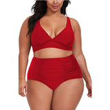 Plus Size V-neck high waist pleated swimwear two piece set