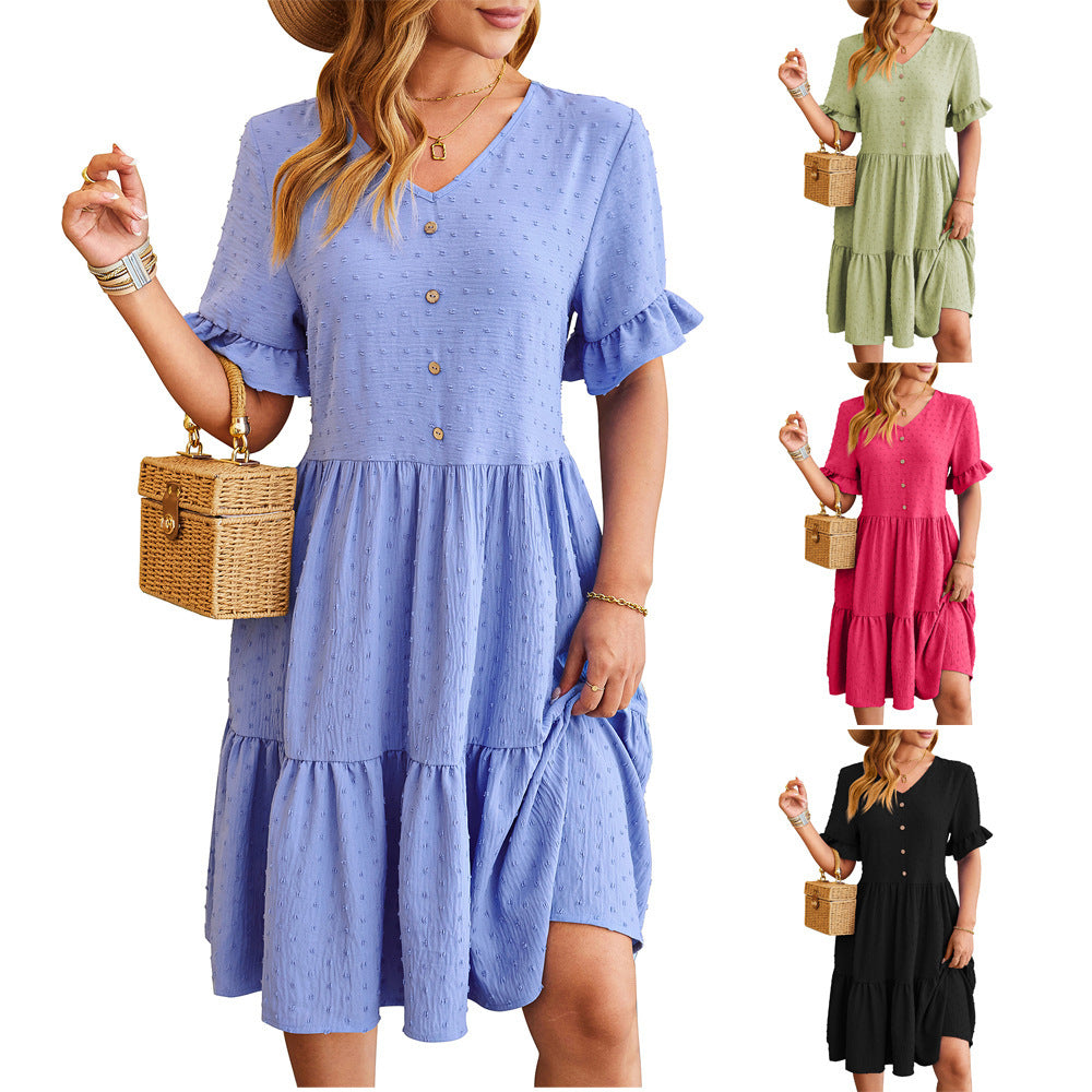 Nouvelle Robe d'Été Décontractée à Col en V et Volants, Manches Courtes, Boutons, Jacquard, Plissée, Couleur Unie pour Femme