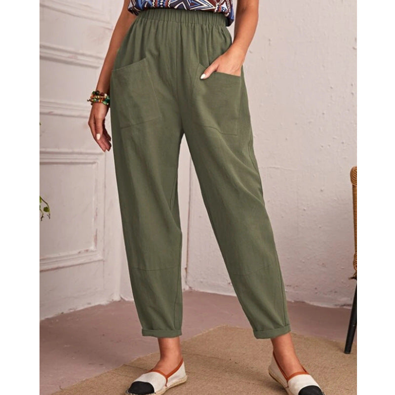 Pantalones casuales de lino y algodón con cintura elástica para mujer