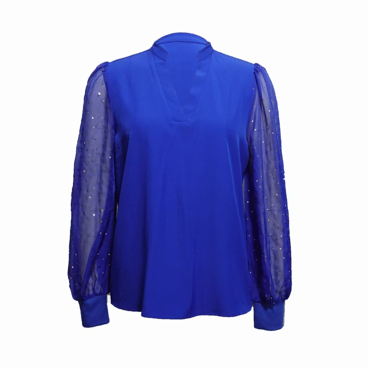 Ladies' Fashion New Style Sparkling Diamond Mesh Splicing Long Sleeve V-neck Top Shirt