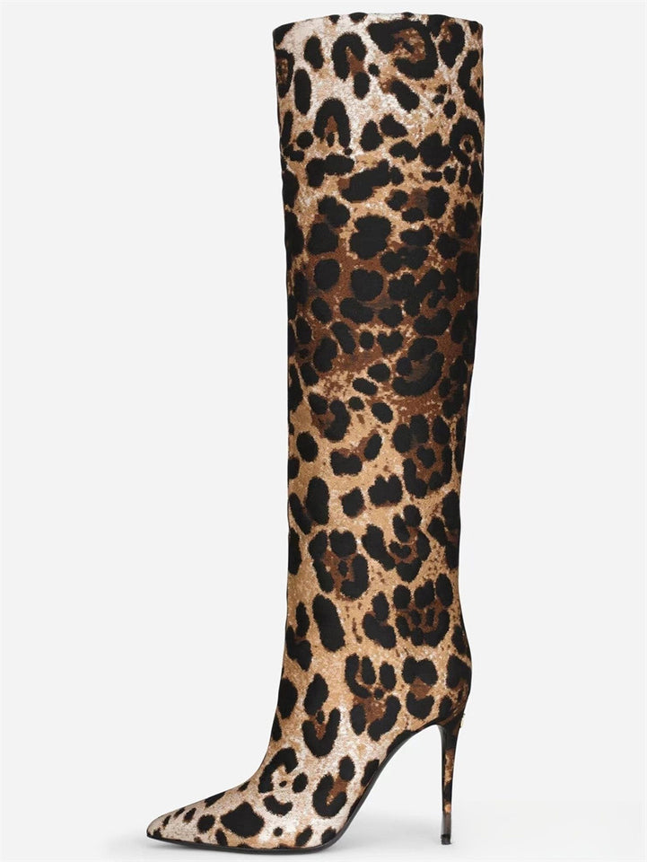 Pointed Stiletto Heel Leopard Print Boots