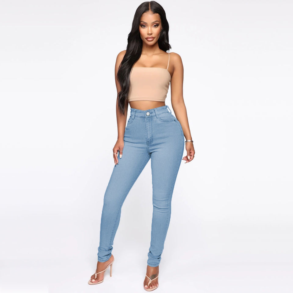 Fitted Jeans Pants For Women High Waist Trousers With Pockets