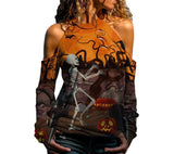 Snoopy Halloween Off Shoulder Printed Top Womens Casual Loose Stitching Long Sleeved T Shirt