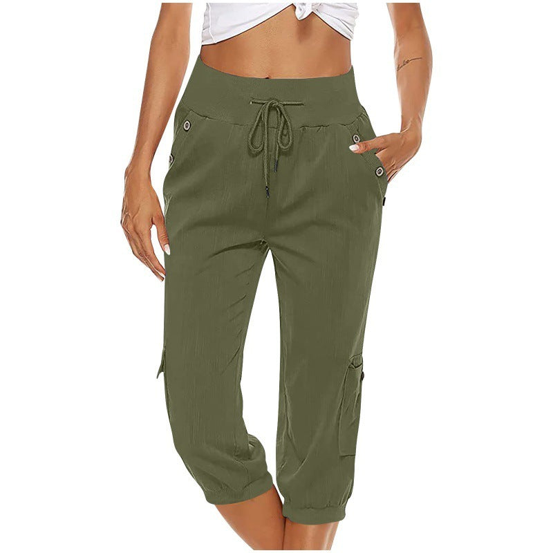 Pantalones cropped de mujer de algodón y lino con bolsillos cargo informales
