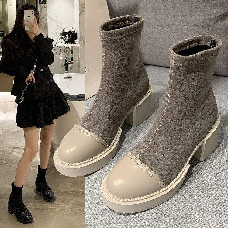 Women Short Boots With Thick Heel Stitching