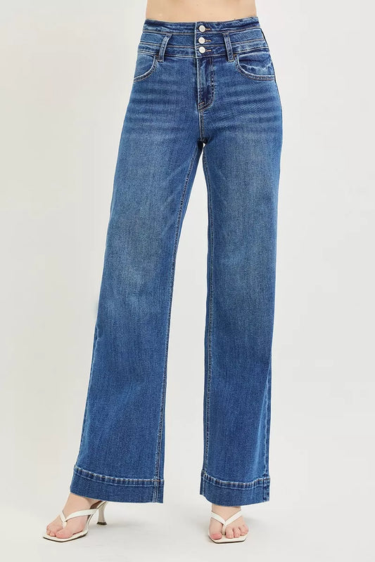 Shop RISEN High Rise Wide Leg Wide Band Detail Jeans - Women's Fashion | Akatonbo