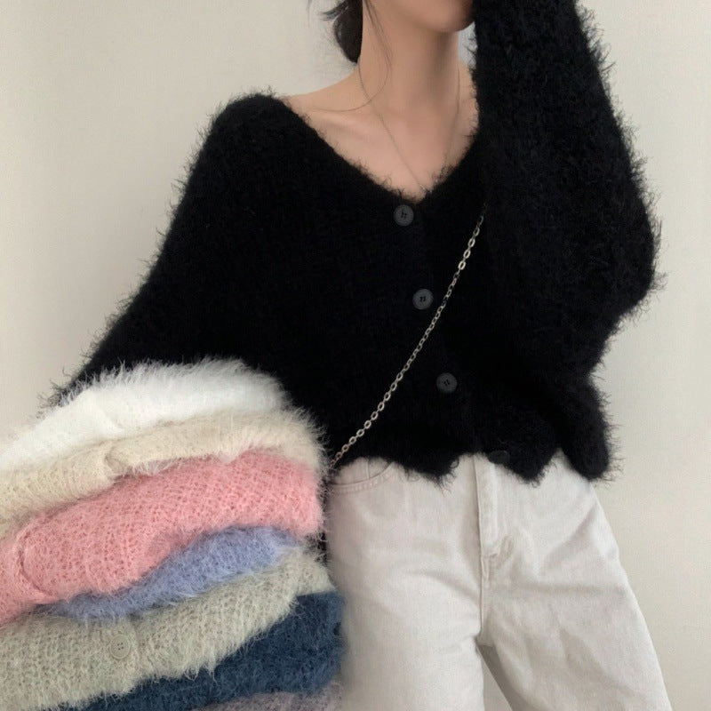 Lazy V-neck Cropped Sweater Coat Women