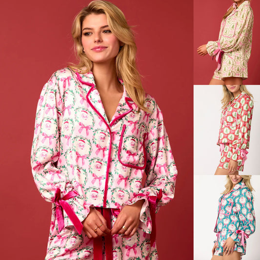 Conjunto de pijama navideño de 2 piezas para mujer, estampado de árbol de Papá Noel, cuello solapa, blusa de manga larga con botones y pantalones cortos, ropa de casa