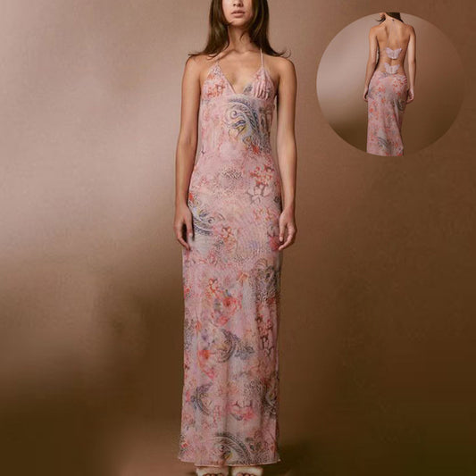 Akatonbo Floral Print Halter Spaghetti Straps Dress Sexy Slim Butterfly Back Dressess Spring Summer Womens Clothing