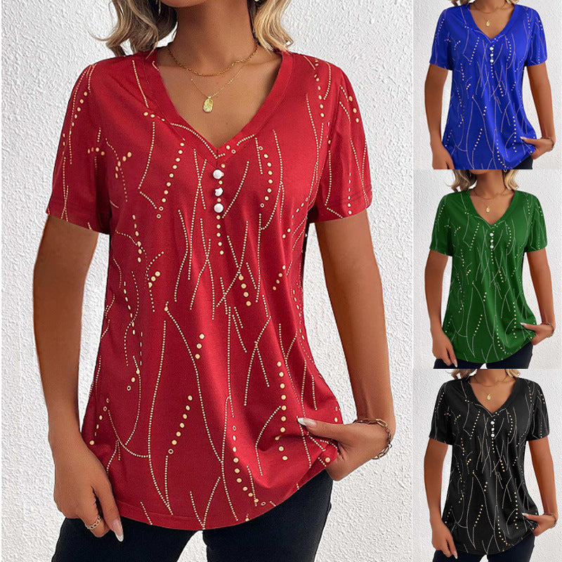 Camiseta de verano con botones y cuello en V estampado de moda casual de manga corta para mujer