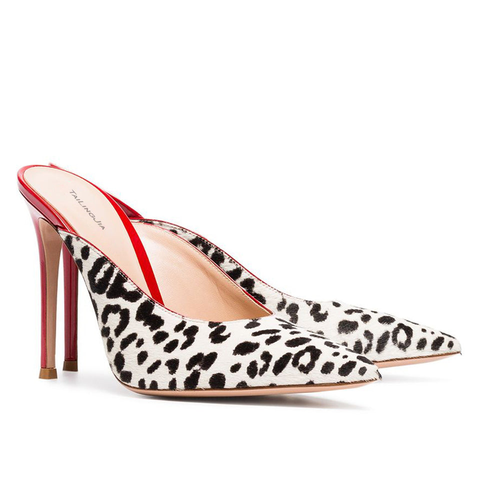 White Leopard Print Horsehair High Heels