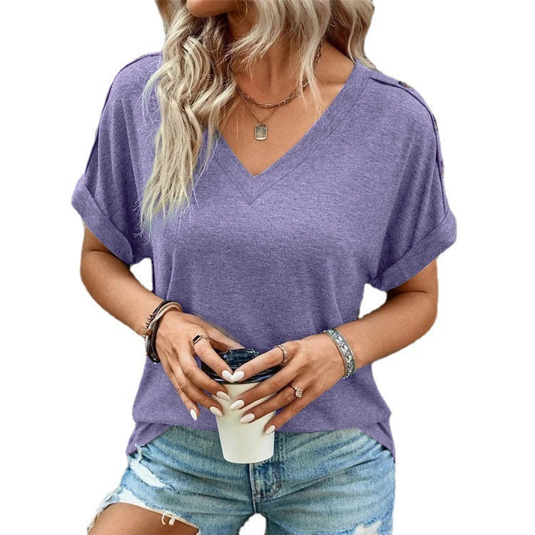 Solid Color Button Fashion Short Sleeve T-shirt