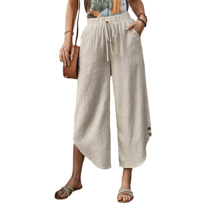 Cotton And Linen Drawstring Cropped Loose Pockets Casual Pants