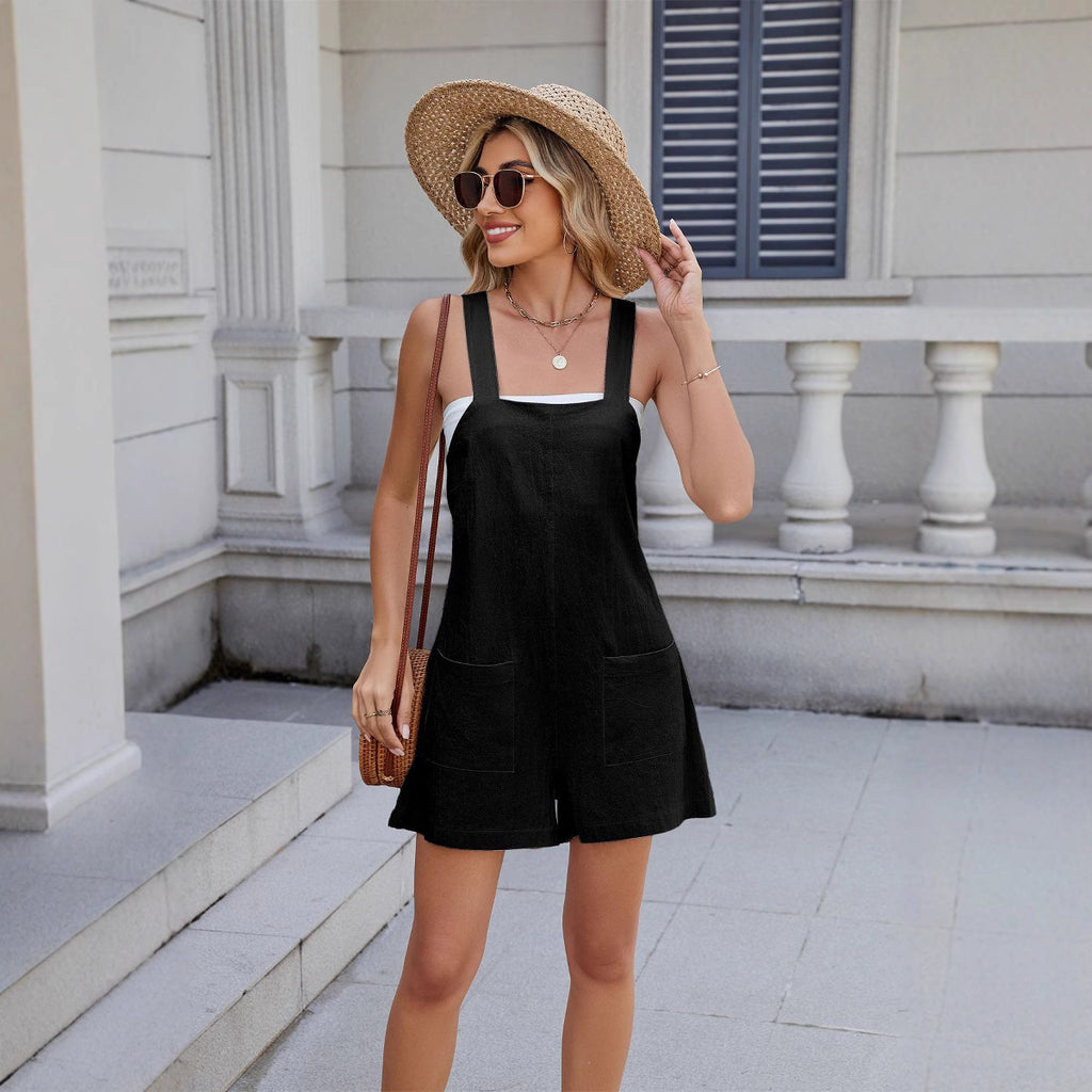 Summer Square Neck Shorts Jumpsuit With Pockets INS Fashion Solid Color Beach Bodysuit Women's Clothing