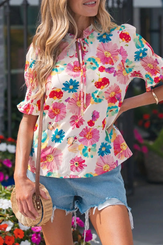Shop Floral Print Ruched Short Sleeve Blouse - Women's Fashion | Akatonbo