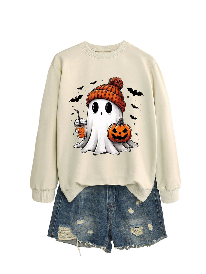 Fashion Long Sleeve Milk Tea Pumpkin Bat Printed Crew Neck Sweatshirt