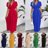 Solid Color Deep V Shoulder Sleeve Folding Elastic Waist Long Dress