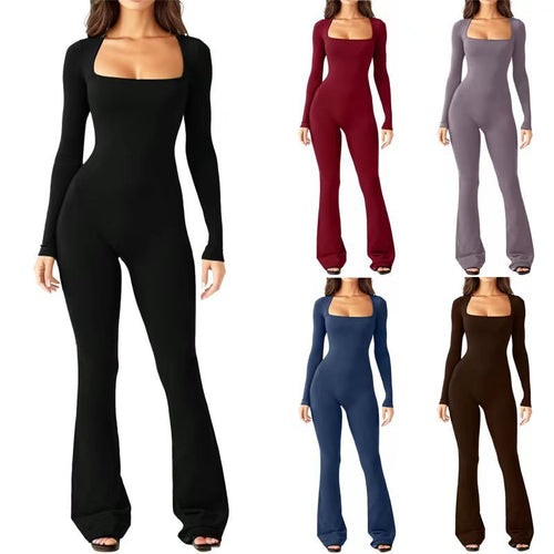 Women Long Sleeve Belly Waist Shaping And Hip Lift Square Collar Wide Leg High Elastic Jumpsuit1