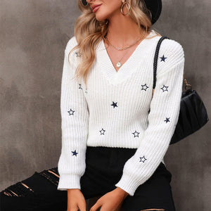 New Commuter V-Neck Solid Little Star Embroidery Sweater