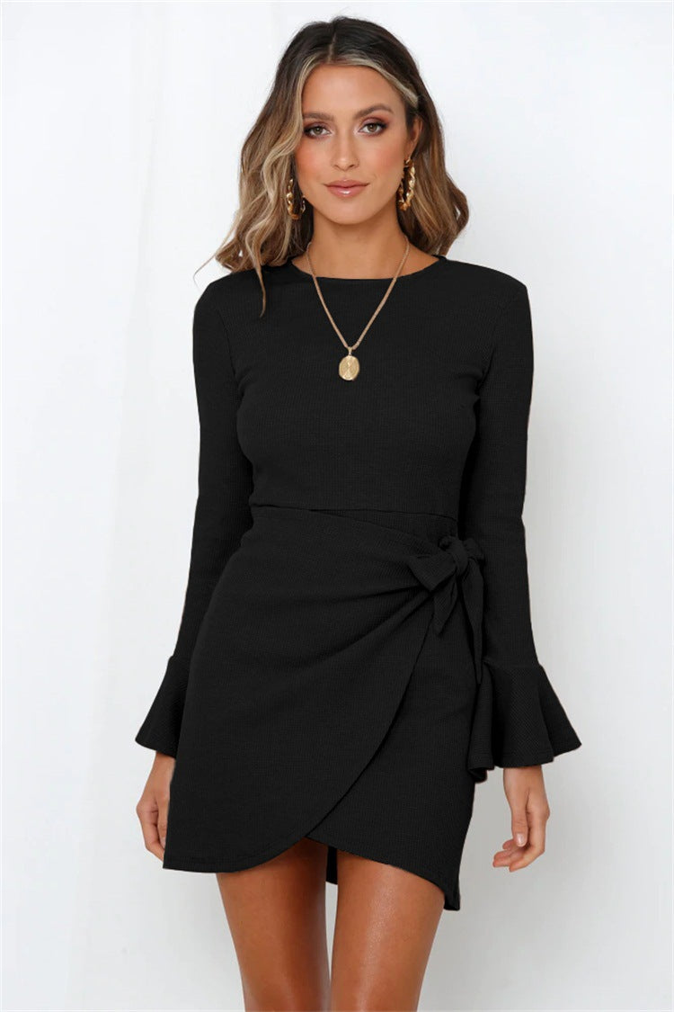 Women's Elegance Ruffle Long Sleeve Slim Bow Dress