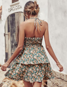 Summer Printed Halter Dress Fashion Boho Backless Ruffled A-Line Beach Dress