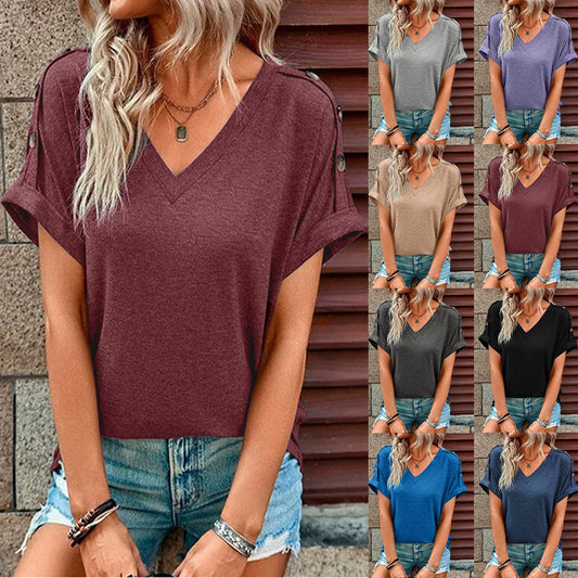 Akatonbo Solid Color Button Fashion Short Sleeve T-Shirt