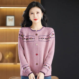 Round Neck Wool Cardigan Coat For Women