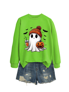 Fashion Long Sleeve Milk Tea Pumpkin Bat Printed Crew Neck Sweatshirt