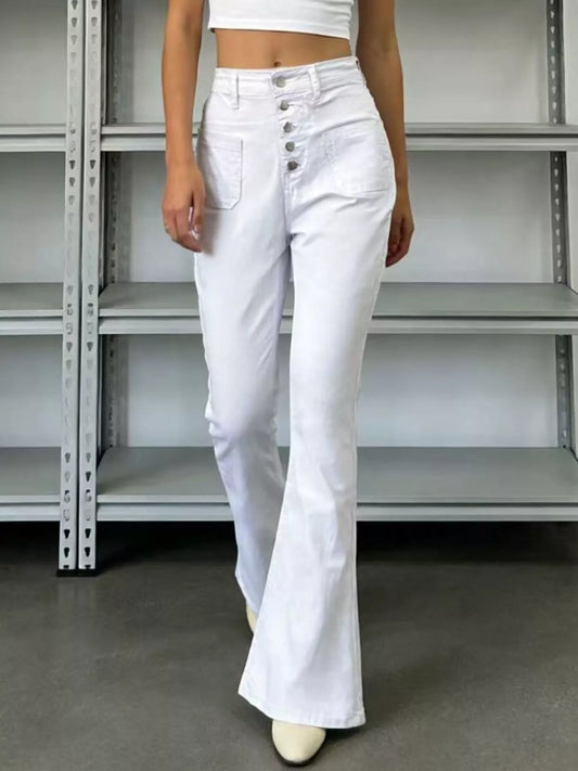 Shop Full Size High-Waisted Button-Fly Flare Jeans Plus Size - Women's Fashion | Akatonbo