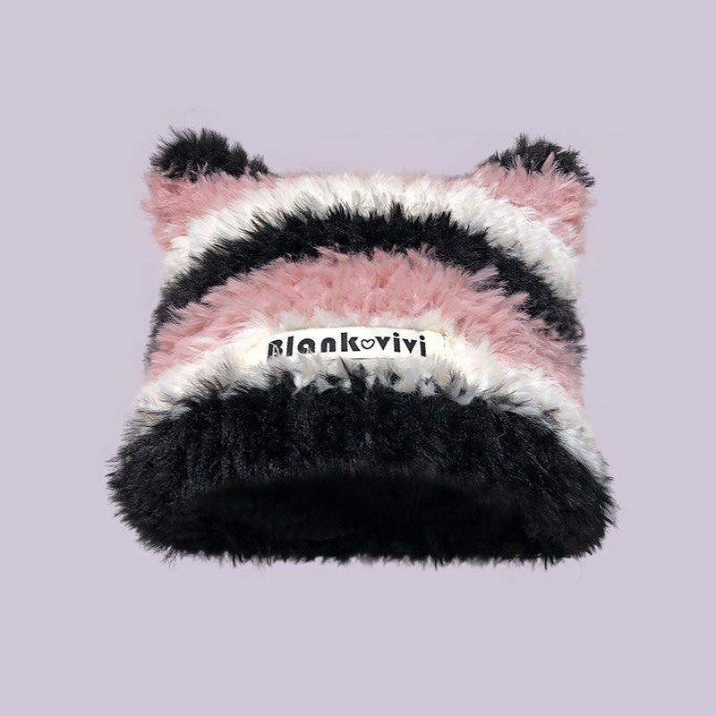 Warm Full With Cat Ears Contrast Color Striped Plush Wool Hat