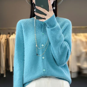 Fashion Merino Wool Cardigan Sweater Women O-Neck Long-sleeve Cashmere Knitwear Spring Autumn Female Clothing Tops