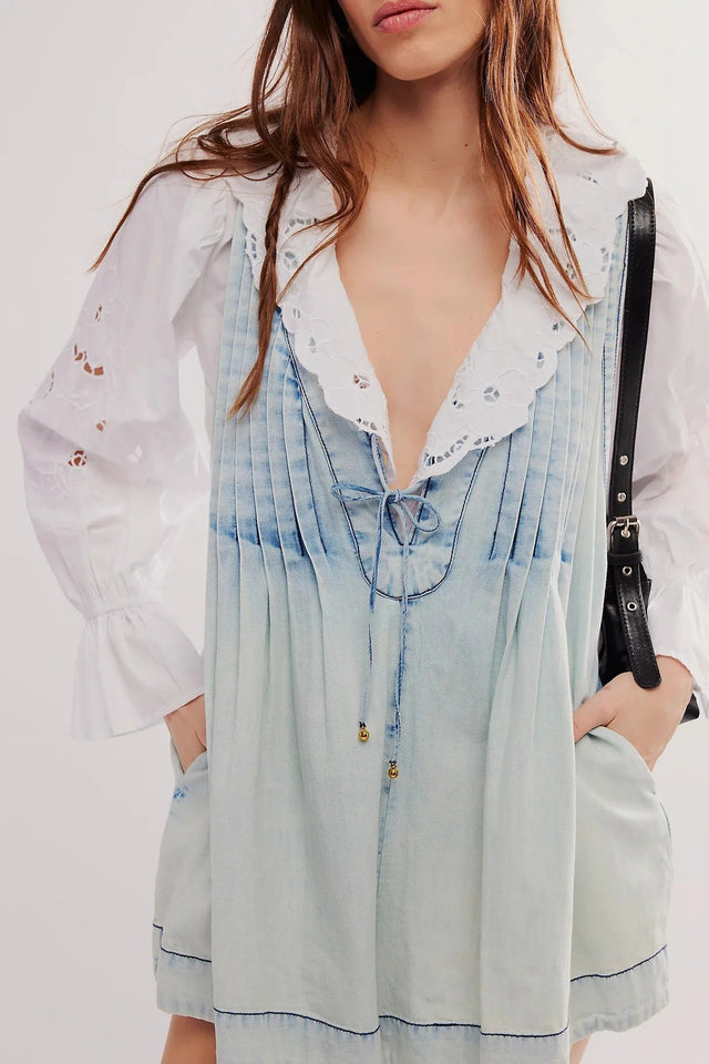 V-neck Sleeveless Denim Shorts Jumpsuit With Pockets